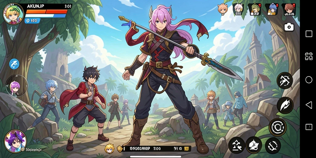Layar gameplay AKUNJP menampilkan karakter anime yang dinamis.