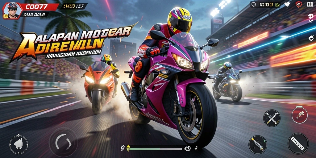 Screenshot gameplay COO77 menampilkan aksi balapan motor yang mendebarkan.
