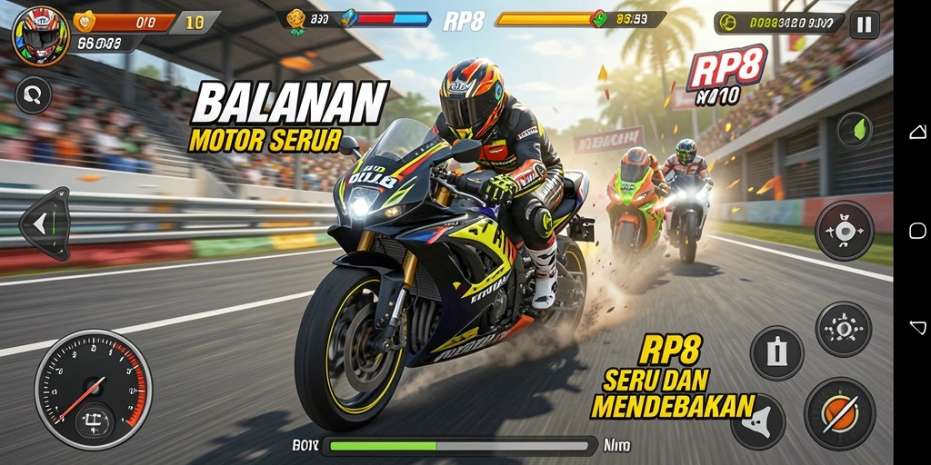 Tangkapan layar dari gameplay balapan motor yang mendebarkan di RP8.