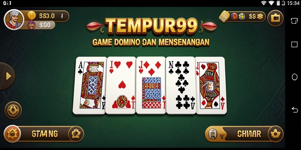 Screenshot utama TEMPUR99 menunjukkan antarmuka permainan Domino yang menarik.